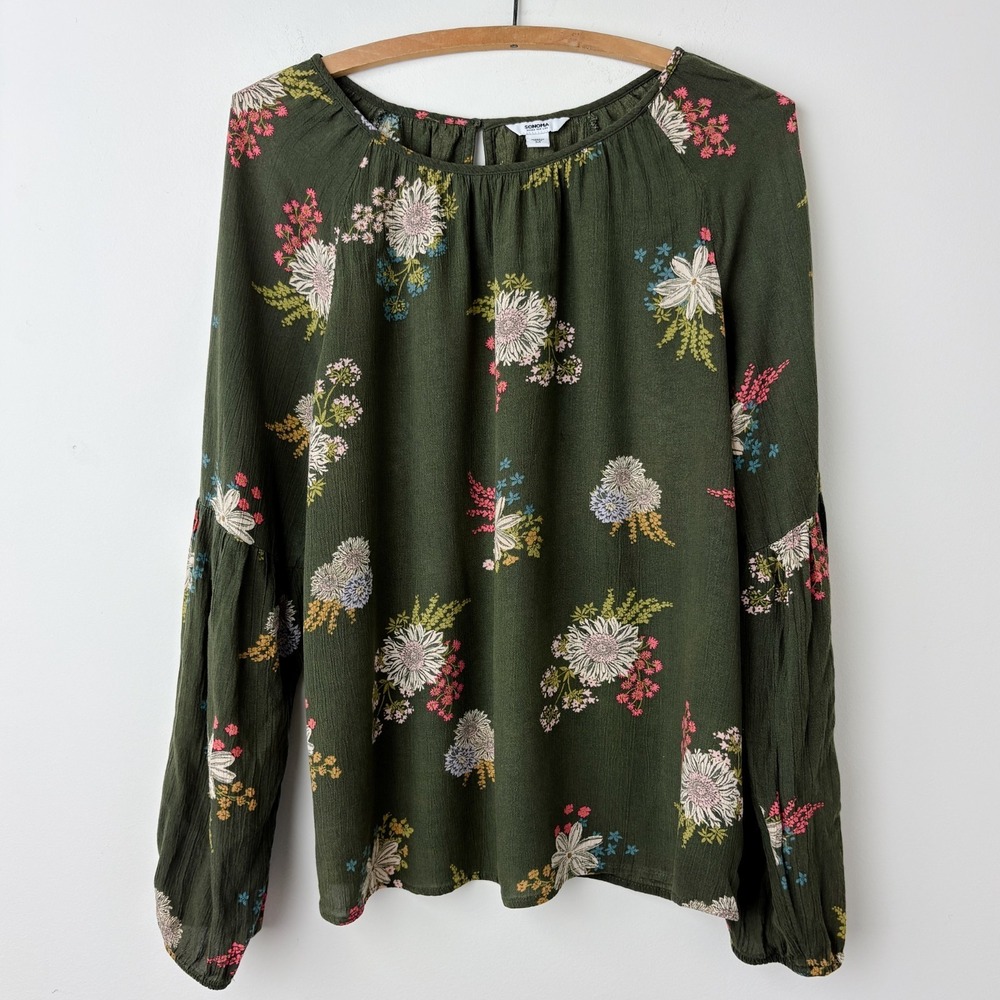 Sonoma Floral Peasant Top Womens M Green Dolman Cottage‎ Boho Prairie Earthy